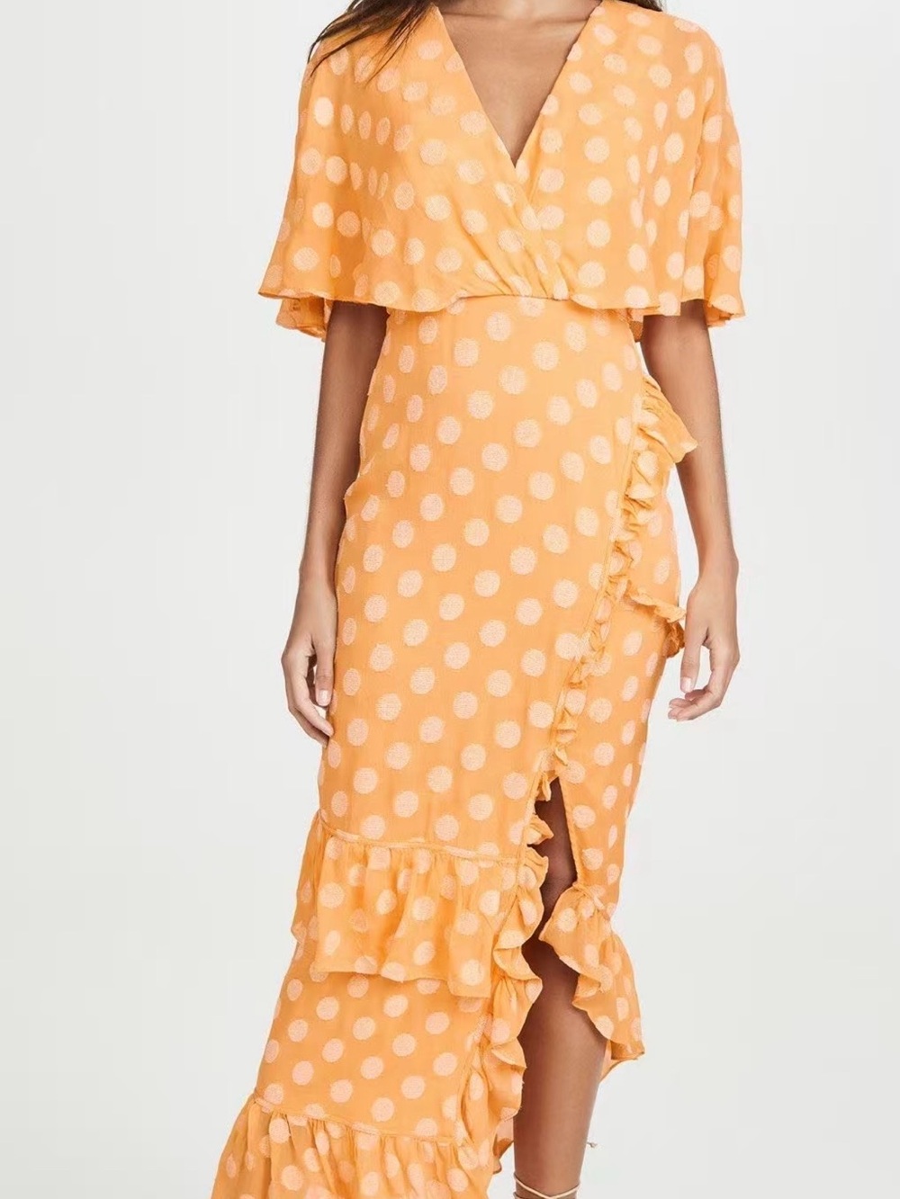 SALONI 100% Silk Maxi Dress US 4 UK 8 Yellow Polka Dot Ruffle Wrap Style